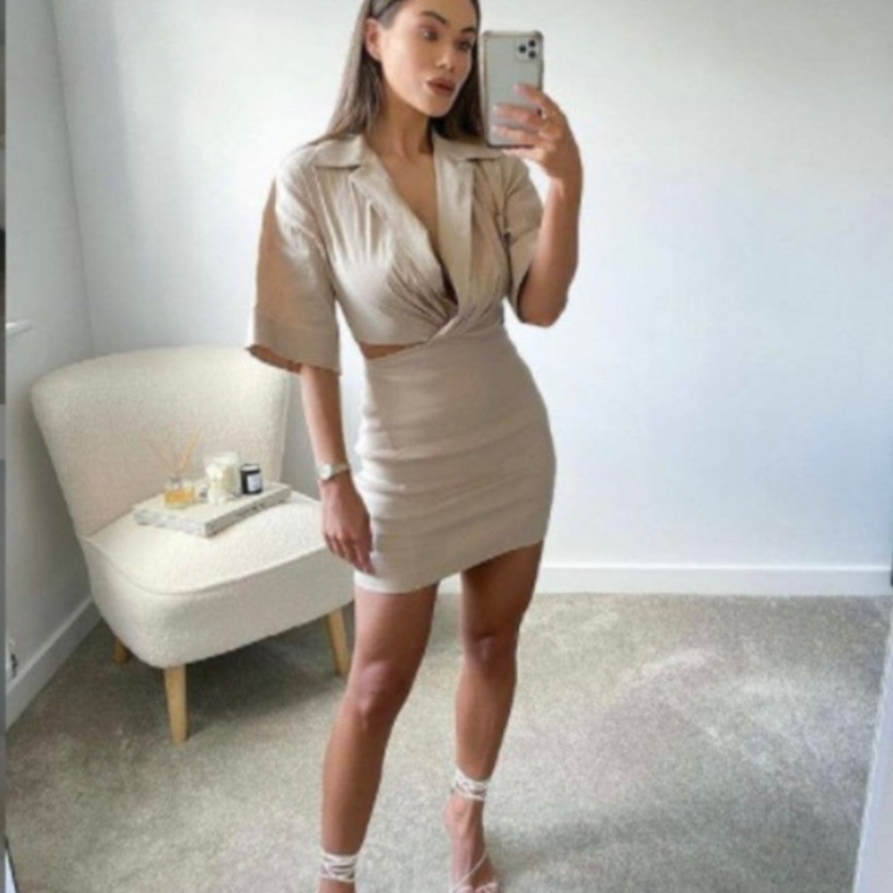 ZARA New With Tags Khaki Linen Cut Out Dress XS